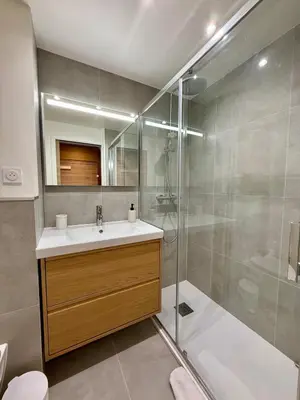 a bathroom with a sink and a shower at Appt 4 pers Chamonix in Chamonix-Mont-Blanc
