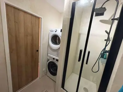 a bathroom with a washing machine and a shower at Modern Alpine Gem Flat with mountain views in Sallanches