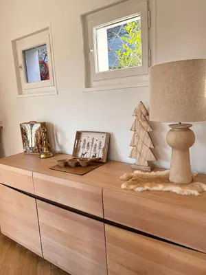 a wooden dresser with a lamp on top of it at Panorama MB 356 - Grande maison familiale vue exceptionnelle in Sallanches