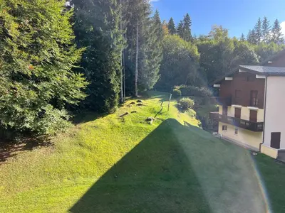 an aerial view of a grassy field next to a building at Escapade aux Carroz in Arâches-la-Frasse