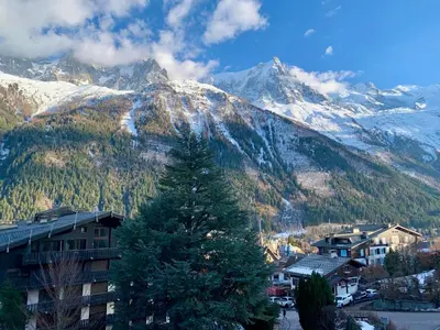 a large christmas tree in front of a mountain at Superbe T3- Vue Mont-Blanc- Au pied du Brévent- Chamonix in Chamonix-Mont-Blanc