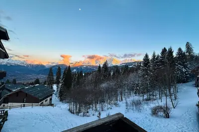 a winter view of a mountain with snow and trees at Apartment near the slopes in Combloux in Combloux