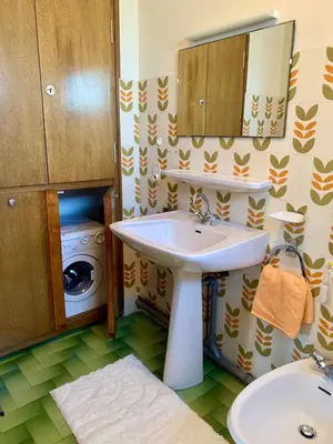 a bathroom with a sink and a washing machine at Apartment near the slopes in Combloux in Combloux