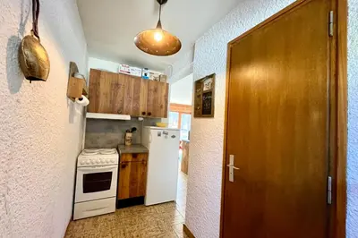 a kitchen with a white refrigerator and a wooden door at Mont Blanc view and hiking trails in Combloux in Combloux