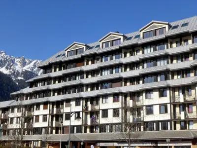 a large building with a mountain in the background at Apartment Le Chamois Blanc-10 by Interhome in Chamonix-Mont-Blanc