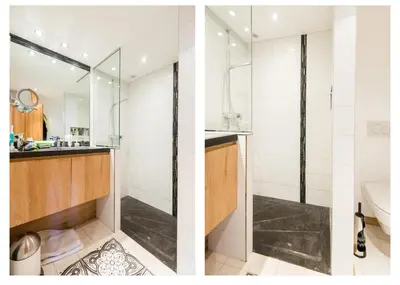 two images of a bathroom with a shower and a sink at Chalet à Megève-Vauvray - Grands Appartements , vue Mont Blanc in Demi-Quartier