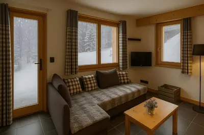 a living room with a couch and some windows at megeve appartement des Crêtets in Megève