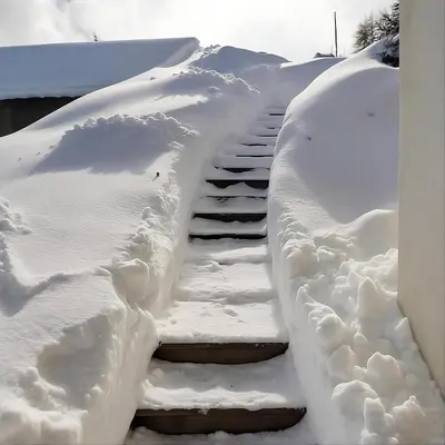 a snow covered stairway with a pile of snow at megeve appartement des Crêtets in Megève