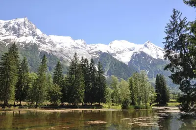 a lake with trees and mountains in the background at Appartement Les Arolles in Chamonix-Mont-Blanc
