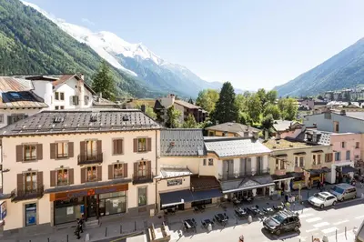 an overhead view of a town with a mountain at La Belle Epoque - Chamonix All Year in Chamonix-Mont-Blanc