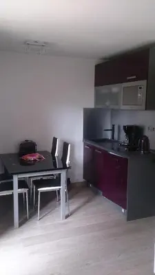 a kitchen with a table and chairs in a room at Hôtel Rent in Megève
