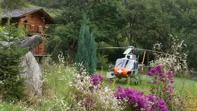 a helicopter parked in a field next to some flowers at Chamonix petit chalet Cocooning in Servoz