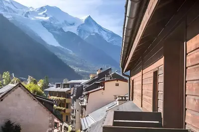 a wooden room with a table with a plant and a window at Hôtel Vallée Blanche in Chamonix-Mont-Blanc