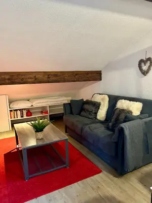 a living room with a blue couch and a red rug at Appartement Duplex Forclaz in Chamonix-Mont-Blanc