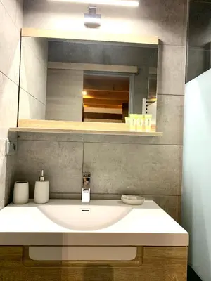 a bathroom with a sink and a mirror at Appartement Duplex Forclaz in Chamonix-Mont-Blanc