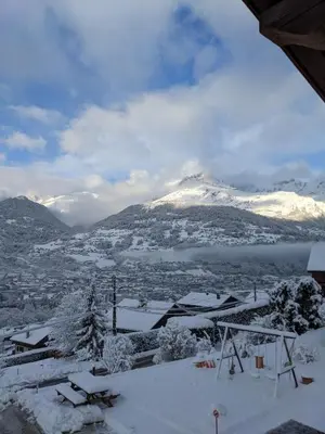 a view of a mountain with snow on it at Chantemerle 1741, chambres d'hôtes à la montagne in Sallanches