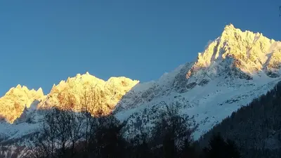 a snow covered mountain with trees in front of it at Chalet KIDOU, Grand Confort, nouveau SPA extérieur in Chamonix-Mont-Blanc