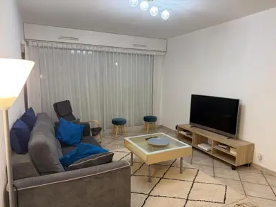 a living room with a couch and a flat screen tv at Appartement CITY CENTER-SALLANCHES in Sallanches