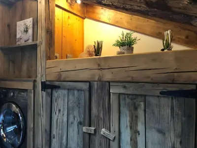 a wooden wall with a washing machine in a room at Le Cocoon de Sarah in Chamonix-Mont-Blanc