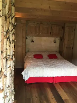 a bed with two red pillows in a room at Chalet Mine de rien in Megève