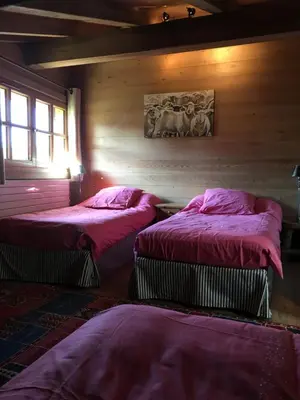 two beds in a room with wooden walls at Chalet Mine de rien in Megève