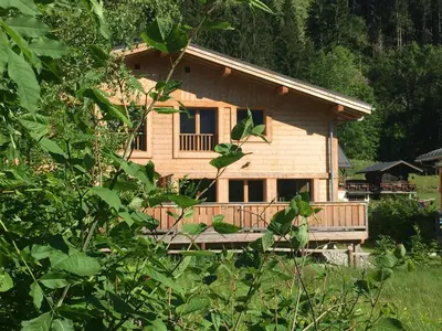a wooden cabin with a porch in a forest at Les Chalets Aquarelle in Chamonix-Mont-Blanc