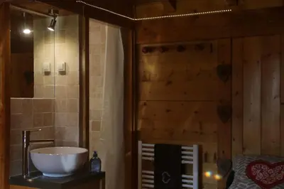 a bathroom with a sink and a shower at Chalet Alpine Rose in Chamonix-Mont-Blanc