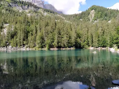 a view of a lake with trees and mountains at appart st gervais le Topaze in Saint-Gervais-les-Bains