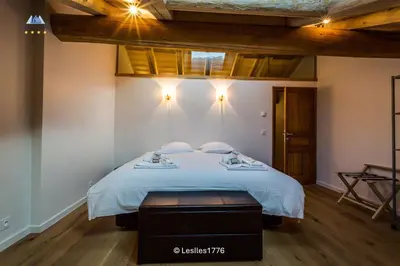 a bedroom with a bed in a room with wooden ceilings at Les Iles 1776 in Chamonix-Mont-Blanc