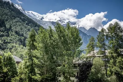 a view of a mountain with a house and trees at Eden Studio Chamonix Centre in Chamonix-Mont-Blanc