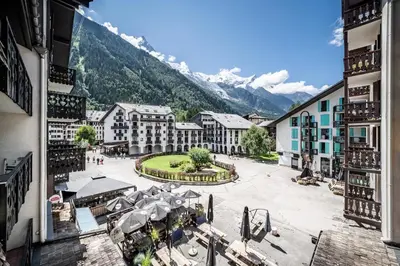 an aerial view of a town with mountains at Eden Studio Chamonix Centre in Chamonix-Mont-Blanc