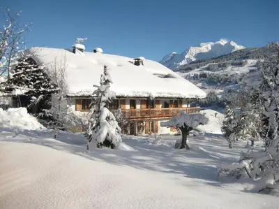 a house covered in snow with trees in front of it at Ferme Vauvray in Megève