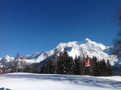 a snow covered mountain with a red flag in the foreground at Appartement St Nicolas in Saint-Gervais-les-Bains