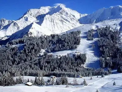 a snowy mountain with trees and snow covered mountains at Appartement St Nicolas in Saint-Gervais-les-Bains