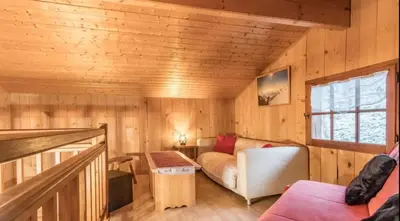 a living room with a couch in a wooden cabin at Chalet confortable à Saint-Gervais-les-Bains 60 m² vue montagne in Saint-Gervais-les-Bains