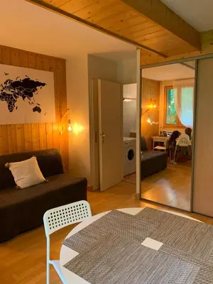 a living room with a couch and a table at Chamonix Studio Jardin in Chamonix-Mont-Blanc