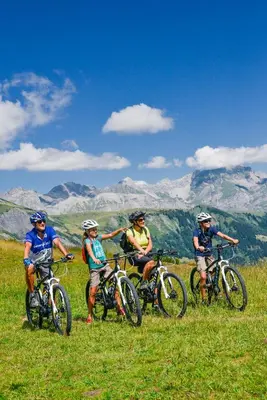 a group of people riding bikes on a grassy hill at Chalet Clos Moccand in Samoëns