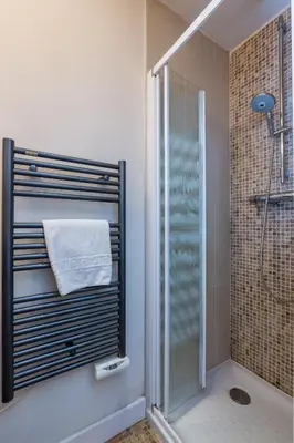 a shower with a glass door in a bathroom at Lodge aux Praz in Chamonix-Mont-Blanc