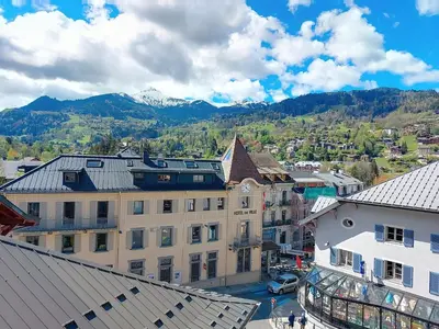 an aerial view of a city with mountains in the background at Apartment Conseil 3 by Interhome in Saint-Gervais-les-Bains