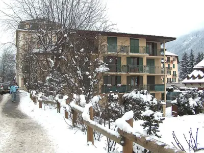 a view of a mountain from a town with a building at Apartment Blanc Neige by Interhome in Chamonix-Mont-Blanc