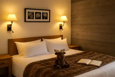 a teddy bear sitting on a bed with a book at Logis Hotel Gai Soleil in Samoëns
