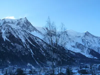 a snow covered mountain with a city in front of it at Appartement Cocon in Chamonix-Mont-Blanc