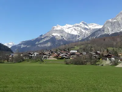a green field with houses and mountains in the background at Résidence Les Jorasses in Servoz