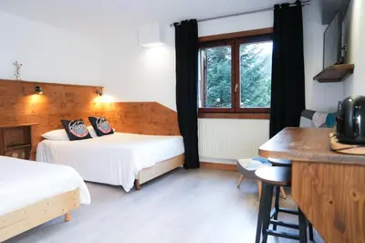 a hotel room with two beds and a window at Fontaine du Mont Blanc Hotel & Spa in Les Houches