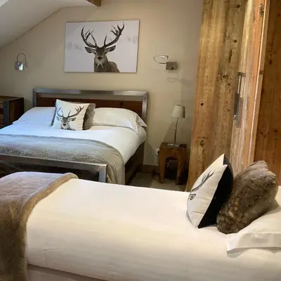 a bedroom with two beds and a deer on the wall at Hôtel Les Cimes in Megève