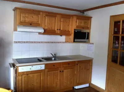 a kitchen with wooden cabinets and a sink at Studio d'Anaite in Les Houches