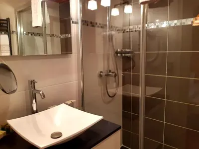 a bathroom with a sink and a glass shower at Aiguille du Midi - Hôtel & Restaurant in Chamonix-Mont-Blanc