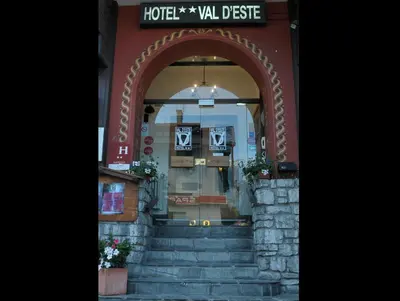 an entrance to a hotel room with stairs in front at Hôtel Val d'Este in Saint-Gervais-les-Bains
