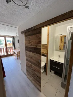 a bathroom with a wooden sliding door with a sink and a toilet at Grand Studio in Les Carroz d'Araches