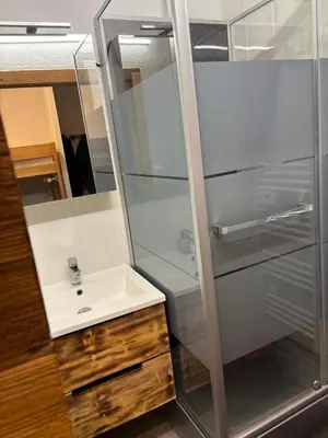 a bathroom with a sink and a glass shower at Grand Studio in Les Carroz d'Araches